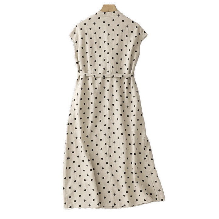 Buddha Stones Summer Polka Dot V-Neck Lace-up Cotton Linen Women's Midi Dress With Pockets - image 9