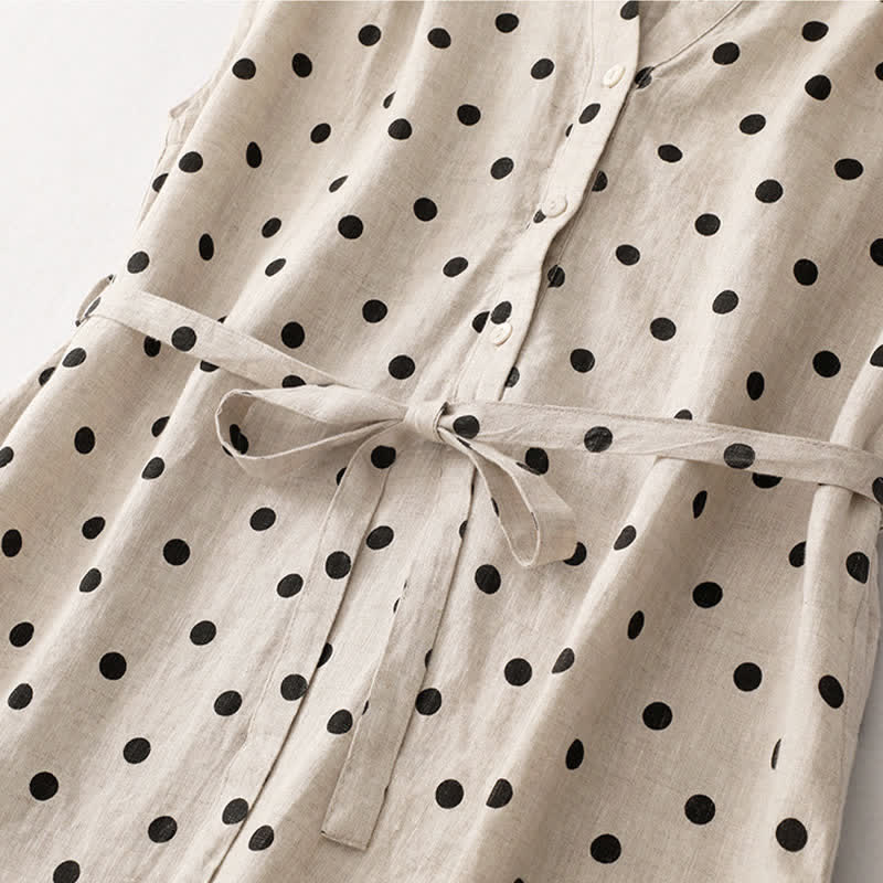 Buddha Stones Summer Polka Dot V-Neck Lace-up Cotton Linen Women's Midi Dress With Pockets - image 15