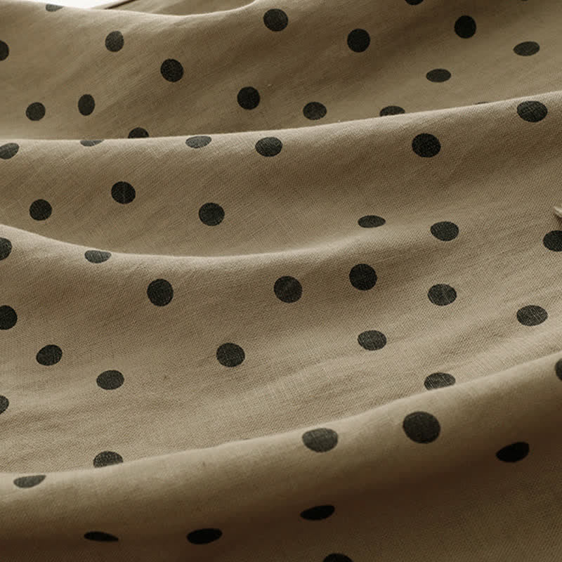 Buddha Stones Summer Polka Dot V-Neck Lace-up Cotton Linen Women's Midi Dress With Pockets - image 7