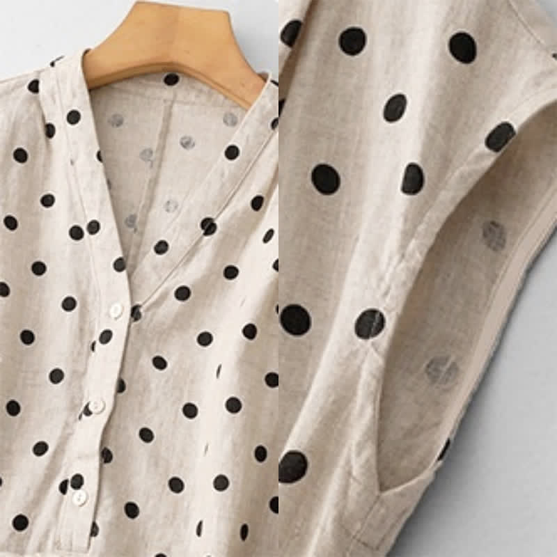 Buddha Stones Summer Polka Dot V-Neck Lace-up Cotton Linen Women's Midi Dress With Pockets - image 16