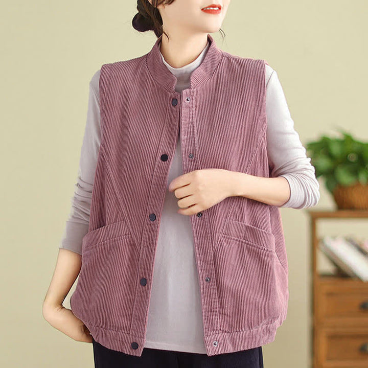 Buddha Stones Plain Sleeveless Women's Cotton Vest Corduroy Waistcoat With Pockets - image 9
