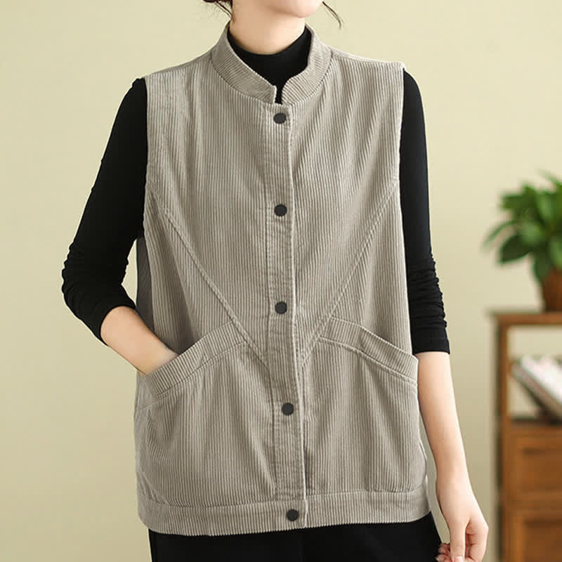 Buddha Stones Plain Sleeveless Women's Cotton Vest Corduroy Waistcoat With Pockets - image 5