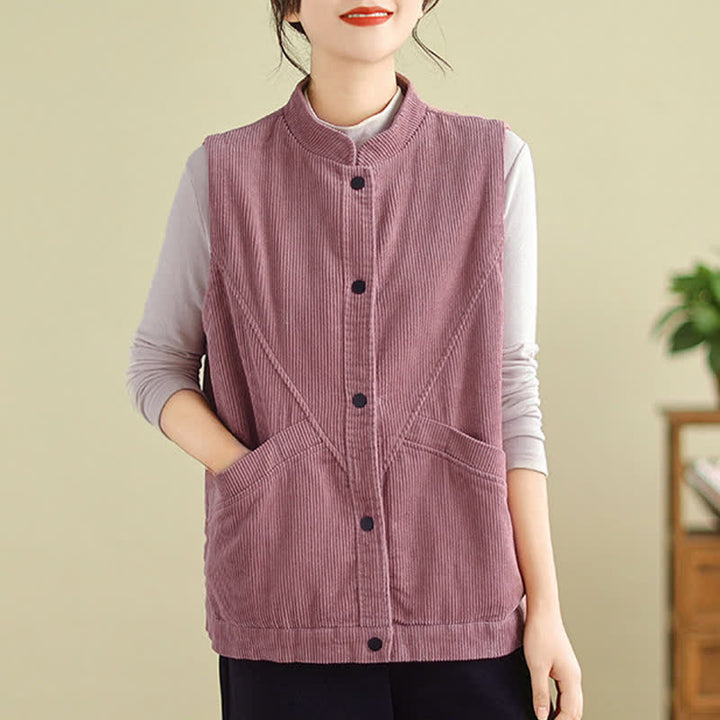 Buddha Stones Plain Sleeveless Women's Cotton Vest Corduroy Waistcoat With Pockets - image 10