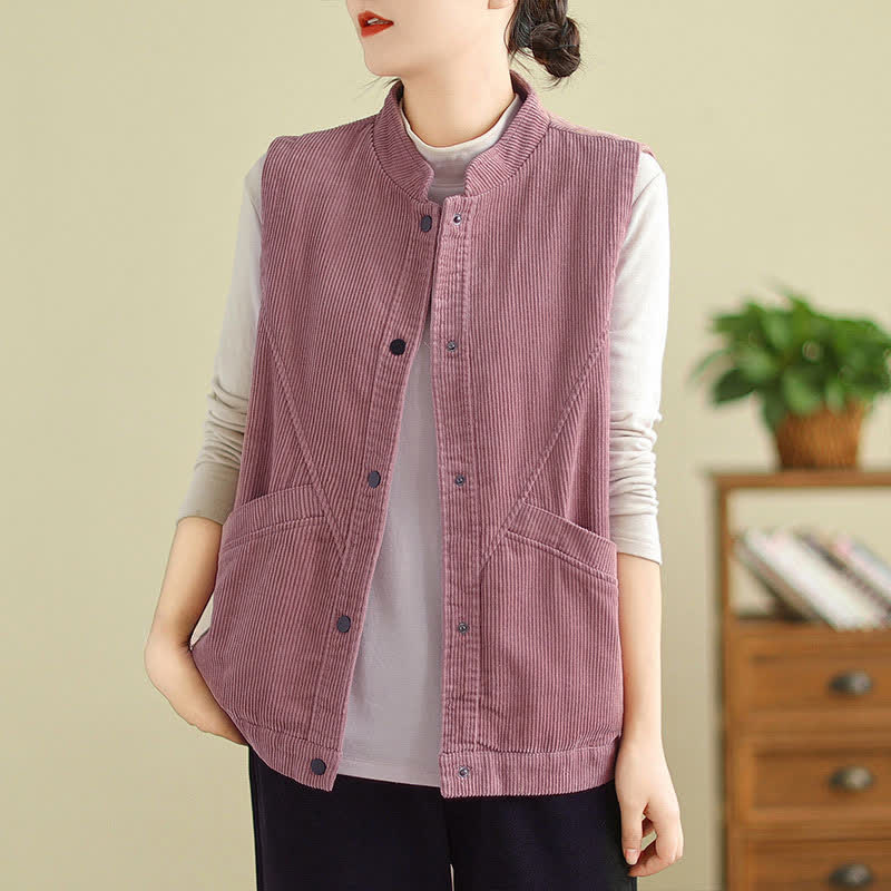 Buddha Stones Plain Sleeveless Women's Cotton Vest Corduroy Waistcoat With Pockets - PaleVioletRed - US8-10，UK/AU12-14，EU40-42 (2XL) - image 8