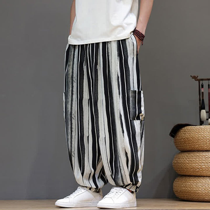 Buddha Stones Summer Casual Boho Patch Pocket Striped Cropped Pants Men's Harem Pants With Pocket - Black - US/UK/AU46, EU56 (5XL) - image 3