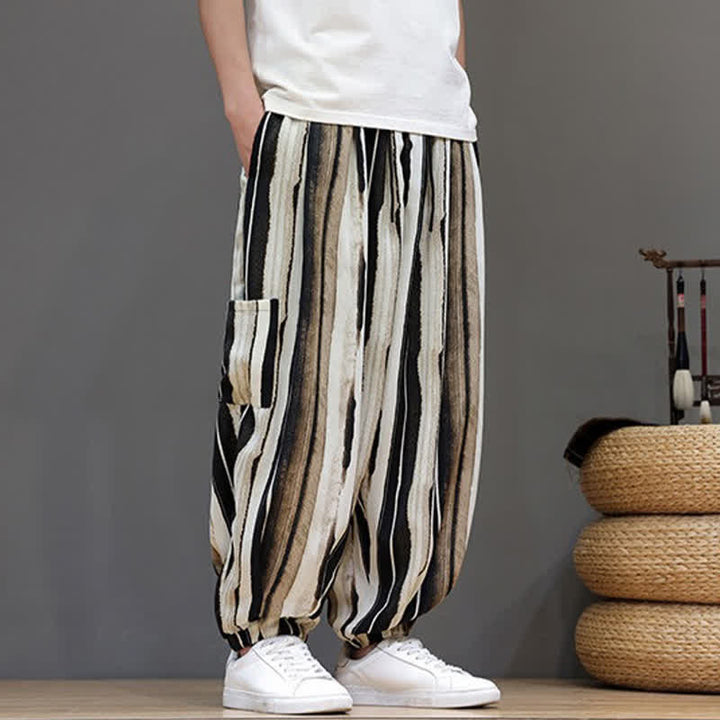 Buddha Stones Summer Casual Boho Patch Pocket Striped Cropped Pants Men's Harem Pants With Pocket - image 15