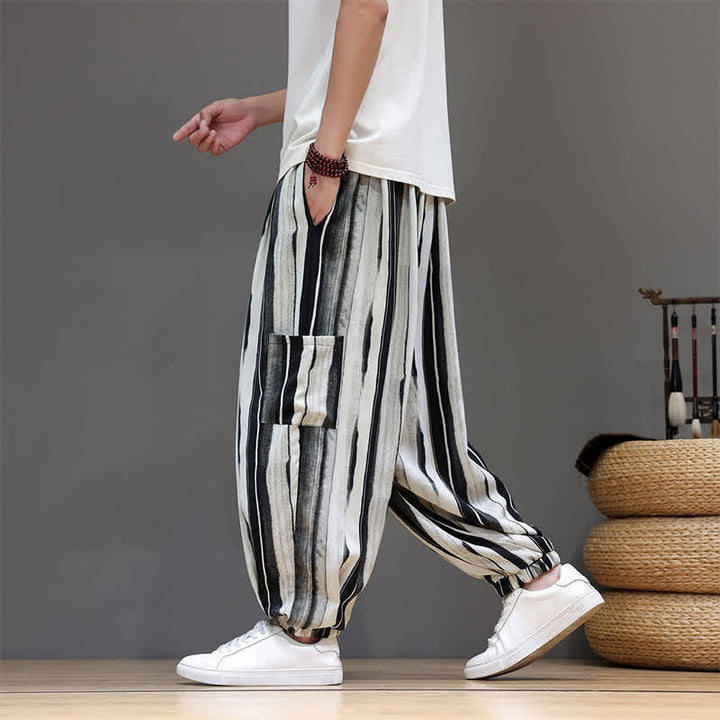 Buddha Stones Summer Casual Boho Patch Pocket Striped Cropped Pants Men's Harem Pants With Pocket - image 4