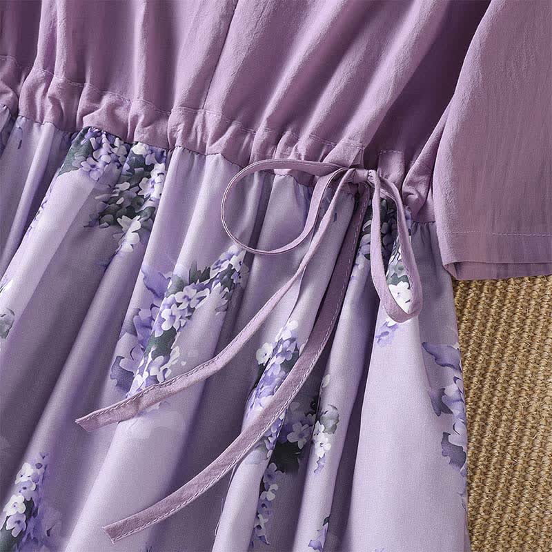 Buddha Stones Summer Casual Elegant Drawstring Floral Women's Short Sleeve Dresses With Pocket - image 8