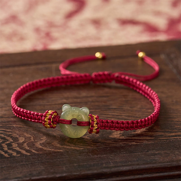 Buddha Stones Jade Tiger Head Design Peace Buckle Grounding Red String Braided Bracelet - Natural Jade(Color May Vary) - 16-18cm - image 0