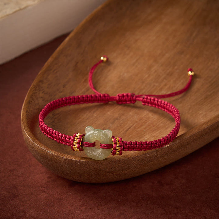 Buddha Stones Jade Tiger Head Design Peace Buckle Grounding Red String Braided Bracelet - image 2