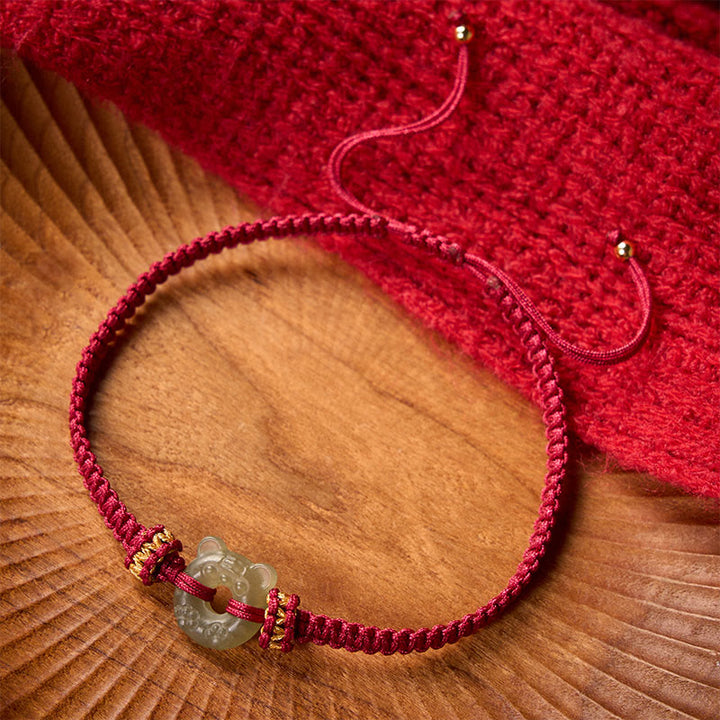 Buddha Stones Jade Tiger Head Design Peace Buckle Grounding Red String Braided Bracelet - image 1