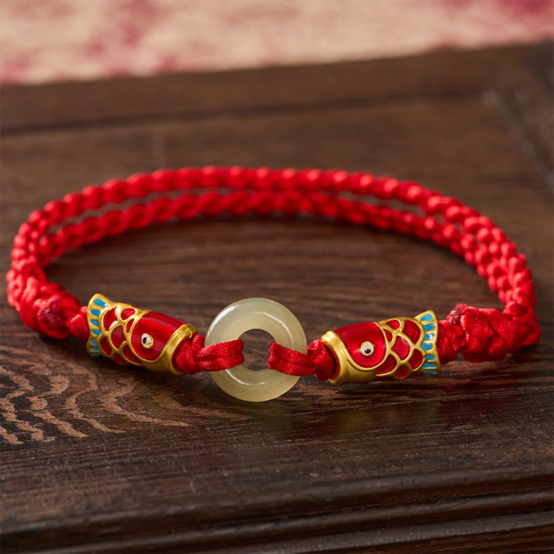 Buddha Stones Hetian Jade Peace Buckle Double Koi Fish Red String Prosperity Bracelet - Natural Jade(Color May Vary) - image 0