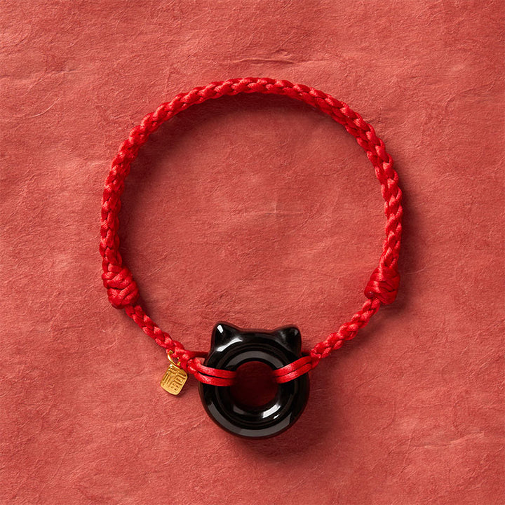Buddha Stones Black Obsidian Cat Design Peace Buckle Fu Character Red String Protection Braided Bracelet - image 3