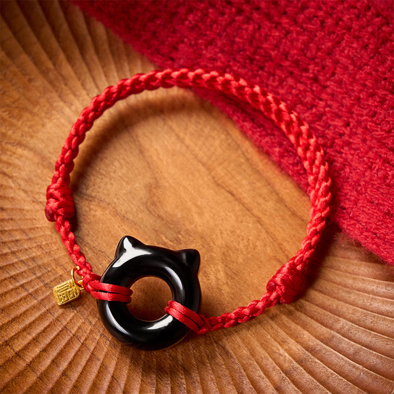 Buddha Stones Black Obsidian Cat Design Peace Buckle Fu Character Red String Protection Braided Bracelet - image 1