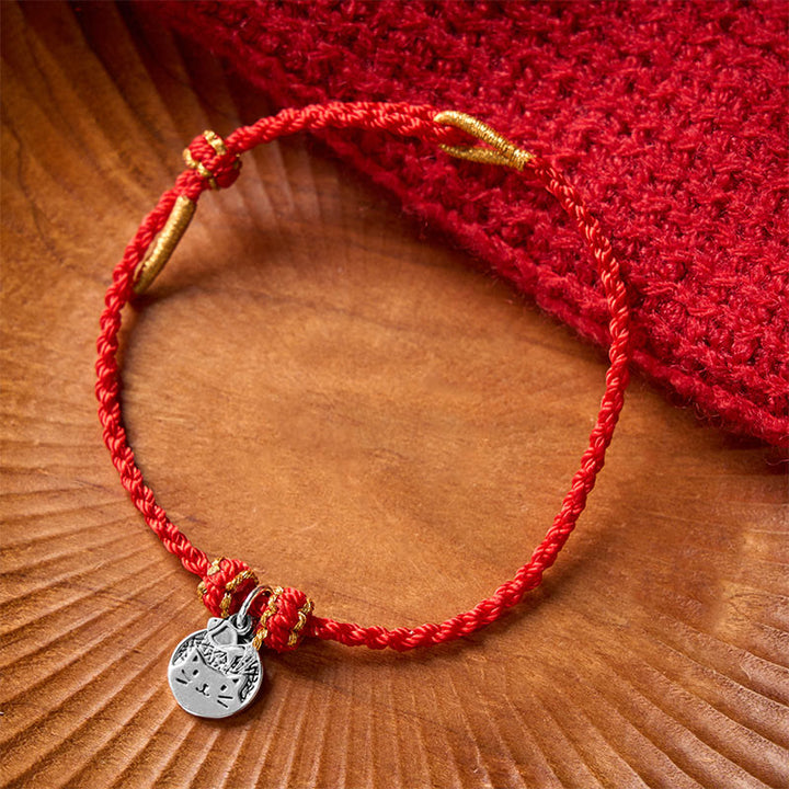 Buddha Stones 925 Sterling Silver Kitten Eating Fish Round Pendant Prosperity Red Black String Braided Bracelet - image 2