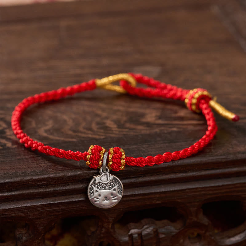 Buddha Stones 925 Sterling Silver Kitten Eating Fish Round Pendant Prosperity Red Black String Braided Bracelet - Red(Wrist Circumference 14–18cm) - image 0