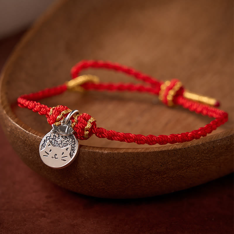 Buddha Stones 925 Sterling Silver Kitten Eating Fish Round Pendant Prosperity Red Black String Braided Bracelet - image 1