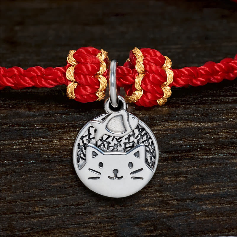 Buddha Stones 925 Sterling Silver Kitten Eating Fish Round Pendant Prosperity Red Black String Braided Bracelet - image 9