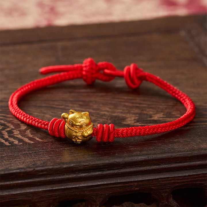 Buddha Stones Hand-Woven Red String Copper Lucky Cat Blessing Adjustable Bracelet - Red - 17-20cm - image 9