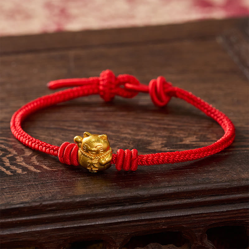 Buddha Stones Hand-Woven Red String Copper Lucky Cat Blessing Adjustable Bracelet - Red - 6.7–7.5 in / 17–19 cm - image 9
