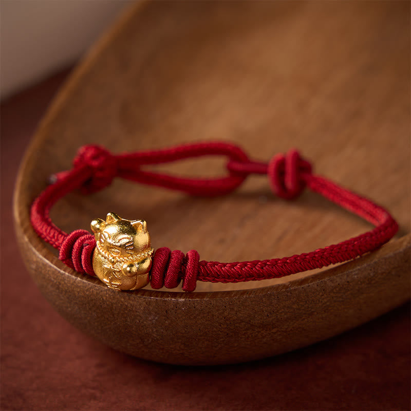 Buddha Stones Hand-Woven Red String Copper Lucky Cat Blessing Adjustable Bracelet - image 1