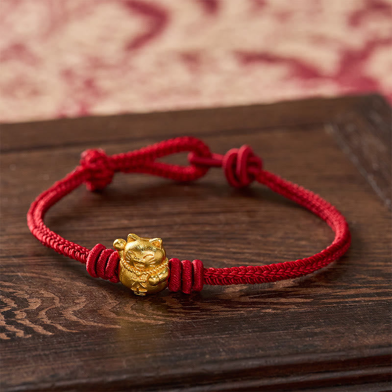 Buddha Stones Hand-Woven Red String Copper Lucky Cat Blessing Adjustable Bracelet - Darkred - 17-20cm - image 0