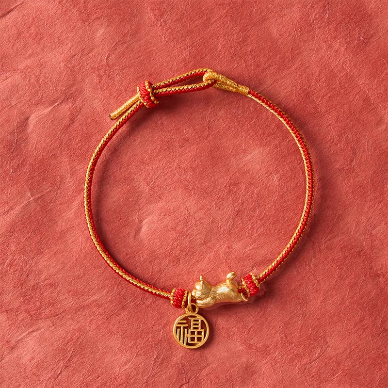 Buddha Stones Lying-Down Cat Fu Character Copper Red String Hand-Woven Prosperity Bracelet - image 3