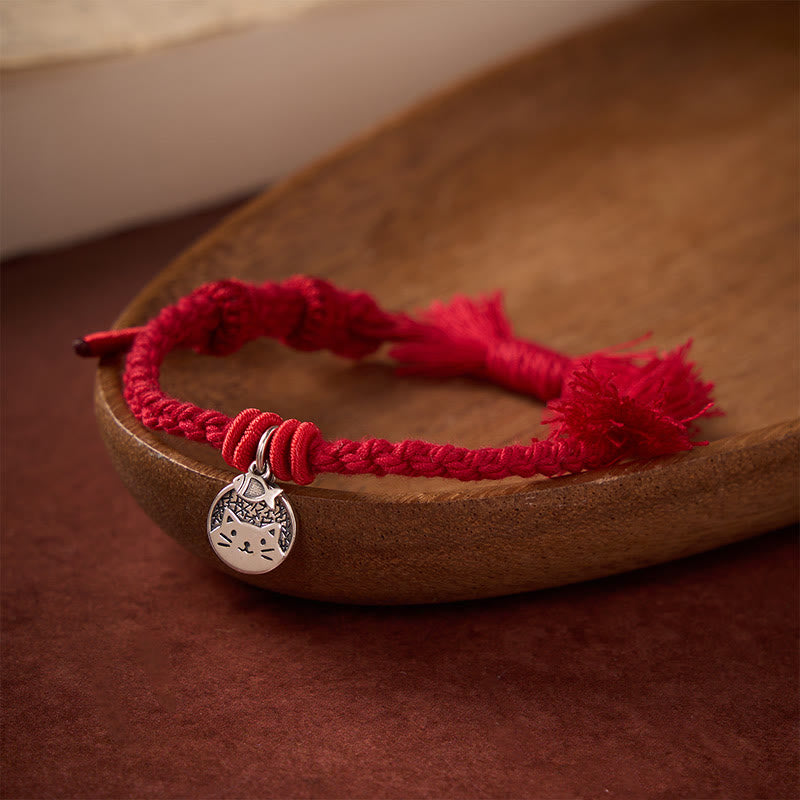 Buddha Stones 925 Sterling Silver Cute Cat Fish Protection Tibet Red String Adjustable Bracelet - DarkRed(Wrist Circumference 14–17cm) - image 0