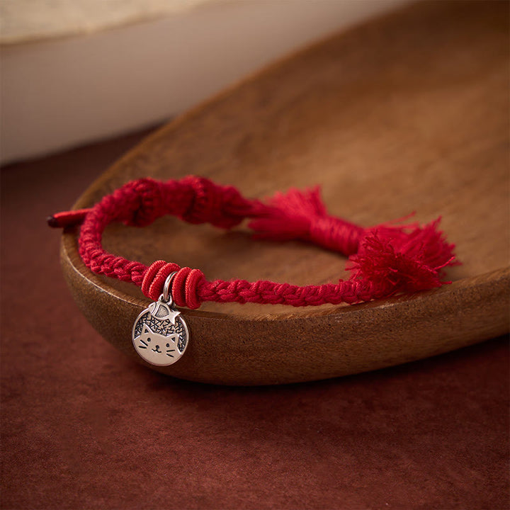 Buddha Stones 925 Sterling Silver Cute Cat Fish Protection Tibet Red String Adjustable Bracelet - DarkRed(Wrist Circumference 14–17cm) - image 0