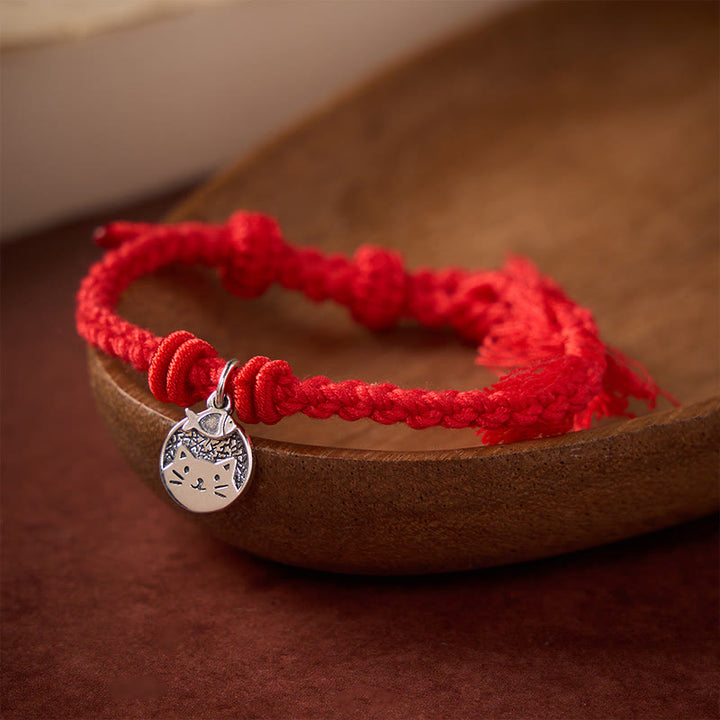 Buddha Stones 925 Sterling Silver Cute Cat Fish Protection Tibet Red String Adjustable Bracelet - Red(Wrist Circumference 14–17cm) - image 9