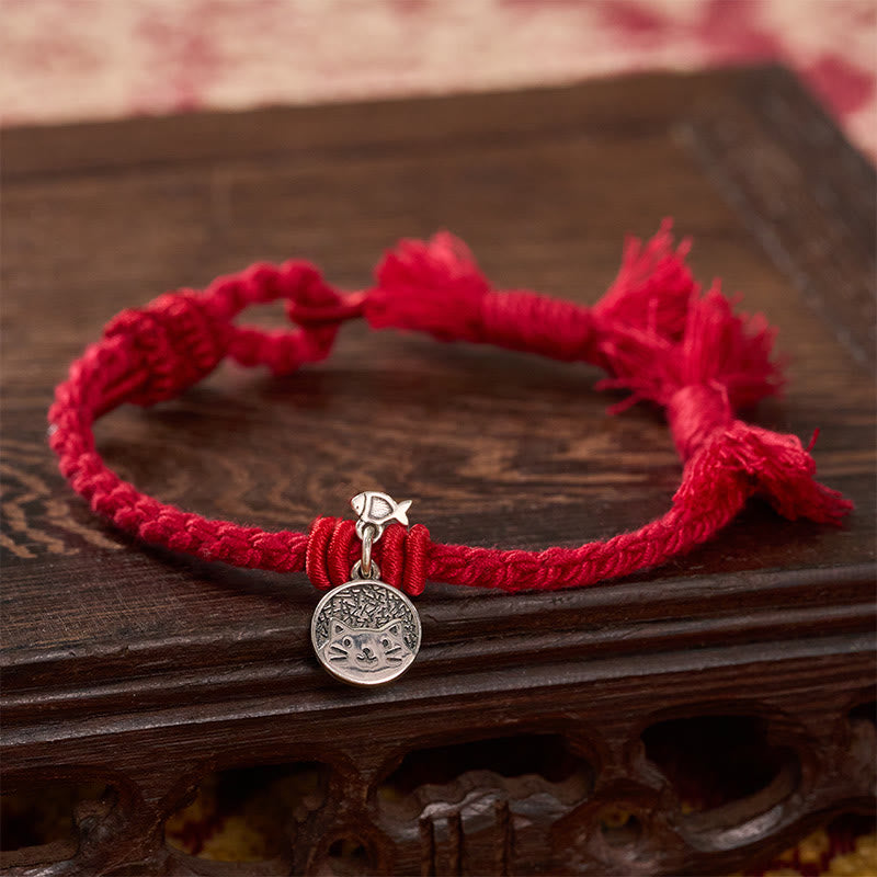 Buddha Stones 925 Sterling Silver Cute Cat Fish Protection Tibet Red String Adjustable Bracelet - image 1
