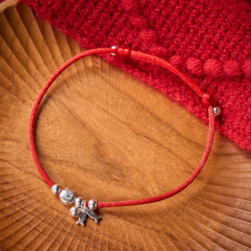 Buddha Stones 925 Sterling Silver Cute Cat Fish Red String Blessing Bracelet - image 2