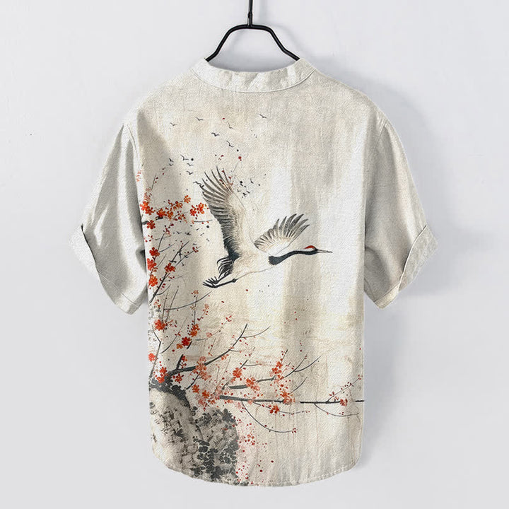 Buddha Stones Cotton Crane Plum Blossom Pattern Men's Short Sleeve Half Button Shirt - image 1