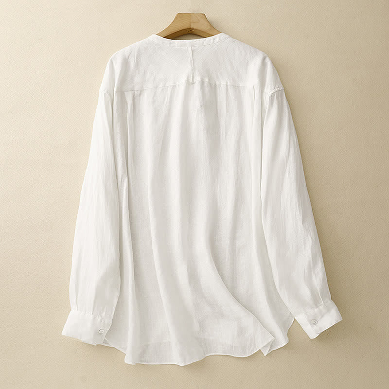 Buddha Stones Summer Tang Style Minimalist Mandarin Collar Solid Women's Long Sleeve Shirts - image 9