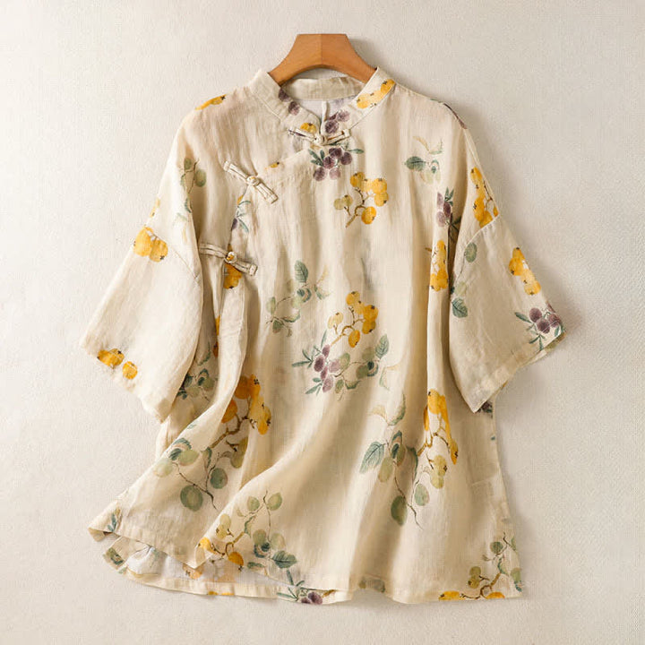 Buddha Stones Summer Tang Style Vintage Mandarin Collar Loquat Chinese Bayberry Floral Women's Short Sleeve Shirts - AntiqueWhite - US8-10, UK/AU12-14, EU40-42 (2XL) - image 0