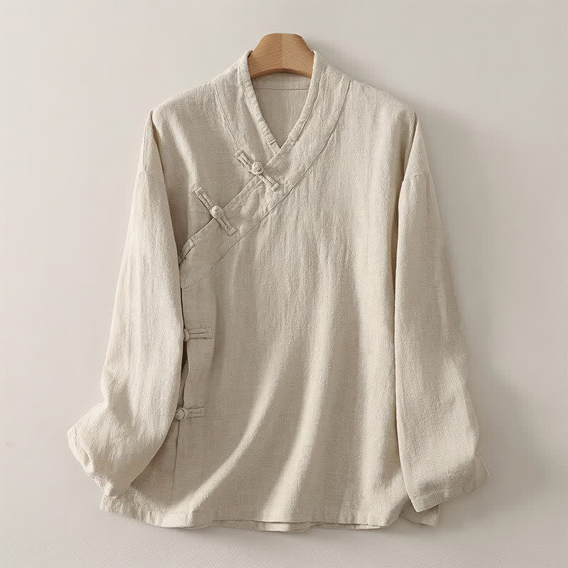 Buddha Stones Spring Summer Tang Style Minimalist V-Neck Frog Button Solid Women's Long Sleeve Shirts - Beige - US12, UK/AU16, EU44 (3XL) - image 0