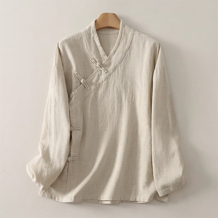 Buddha Stones Spring Summer Tang Style Minimalist V-Neck Frog Button Solid Women's Long Sleeve Shirts - Beige - US12, UK/AU16, EU44 (3XL) - image 0