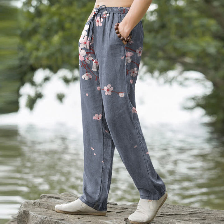Buddha Stones Cotton Pink Sakura Blossom Pattern Men's Tapered Pants With Pockets - image 7