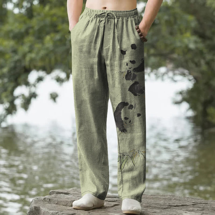 Buddha Stones Cotton Ink Panda Bamboo Pattern Men's Tapered Pants With Pockets - OliveDrab - US/UK/AU50，EU60 (5XL) - image 4