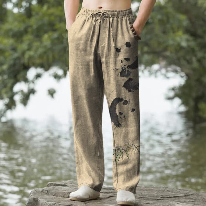 Buddha Stones Cotton Ink Panda Bamboo Pattern Men's Tapered Pants With Pockets - Tan - US/UK/AU50，EU60 (5XL) - image 6