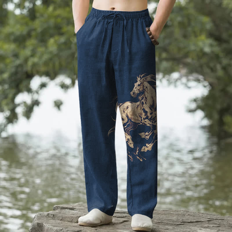 Buddha Stones Cotton Golden Running Horse Pattern Men's Tapered Pants With Pockets - Navy - US/UK/AU50，EU60 (5XL) - image 0