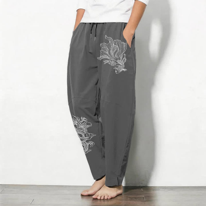 Buddha Stones Pure Cotton Koi Dragon Pattern Drawstring Men's Tapered Pants With Pockets - image 8