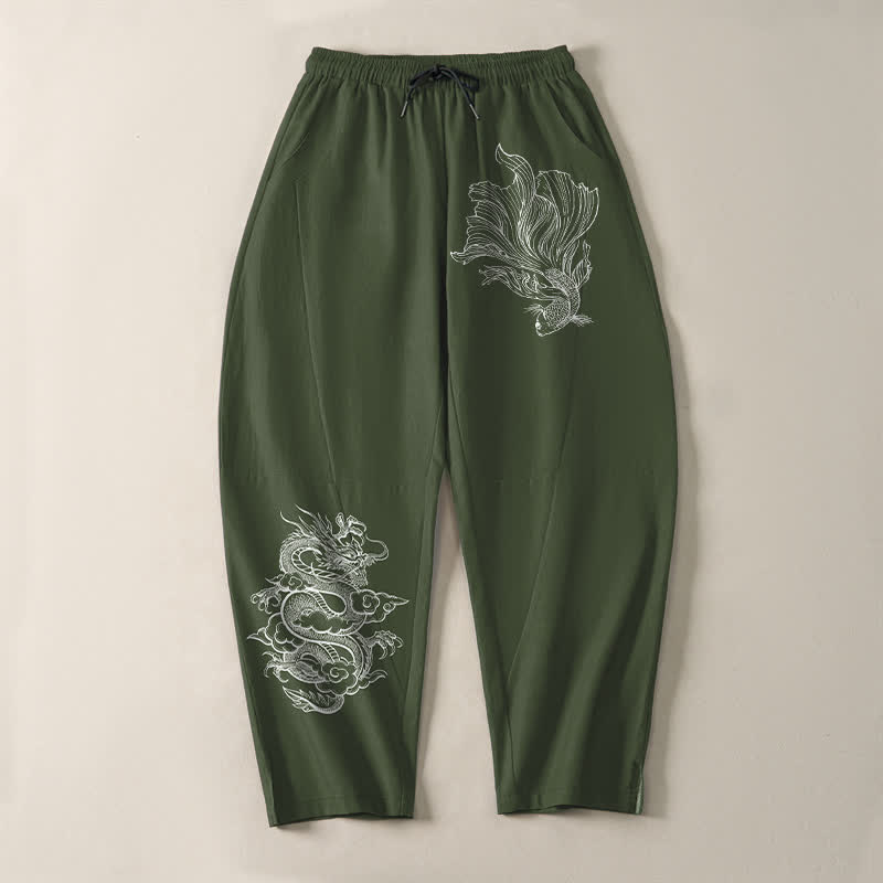 Buddha Stones Pure Cotton Koi Dragon Pattern Drawstring Men's Tapered Pants With Pockets - image 13