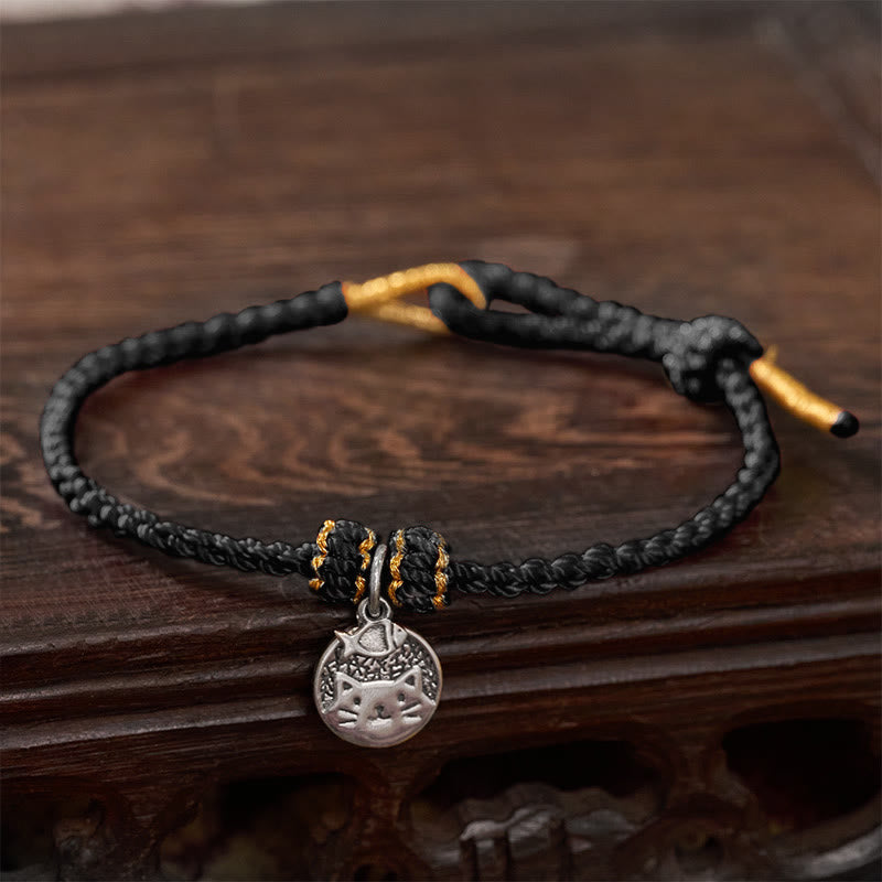 Buddha Stones 925 Sterling Silver Kitten Eating Fish Round Pendant Prosperity Red Black String Braided Bracelet - Black(Wrist Circumference 14–18cm) - image 13