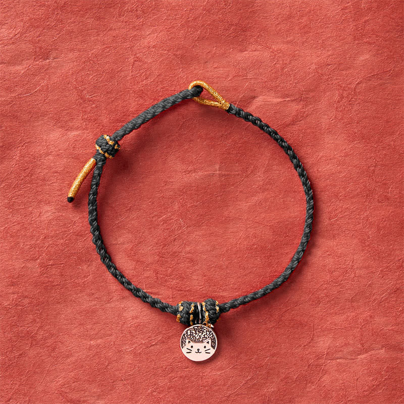 Buddha Stones 925 Sterling Silver Kitten Eating Fish Round Pendant Prosperity Red Black String Braided Bracelet - image 14