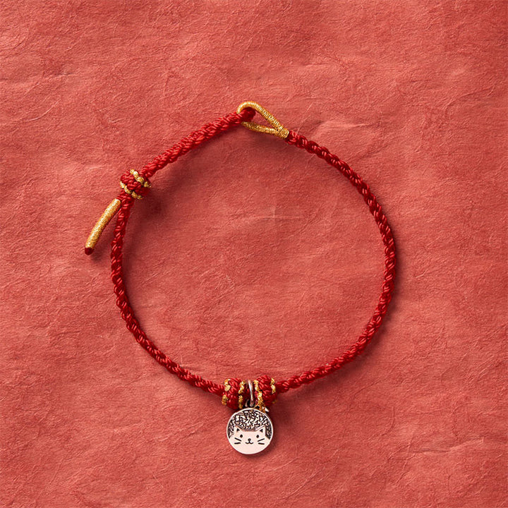 Buddha Stones 925 Sterling Silver Kitten Eating Fish Round Pendant Prosperity Red Black String Braided Bracelet - image 11