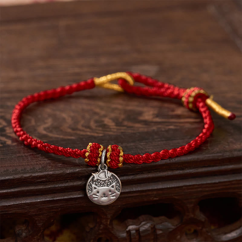 Buddha Stones 925 Sterling Silver Kitten Eating Fish Round Pendant Prosperity Red Black String Braided Bracelet - DarkRed (Wrist Circumference 14–18cm) - image 10