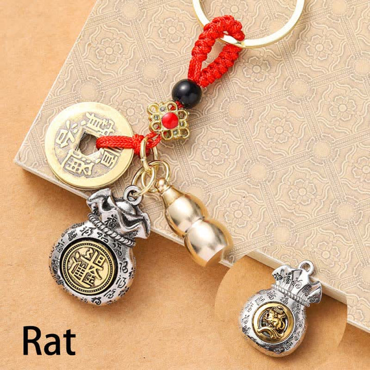 Buddha Stones Braided Red String Chinese Zodiac Five Emperor Coins Protection Keychains - Rat - image 1