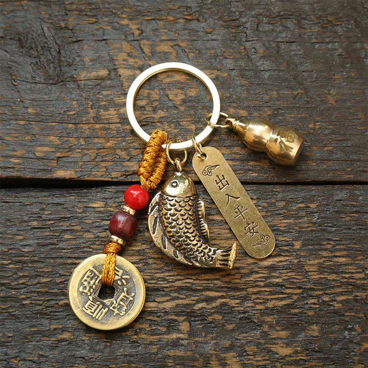 Buddha Stones Brass Koi Fish Gourd Five Emperor Coins Wealth Braided Keychains - Yellow String Coins Gourd - image 14