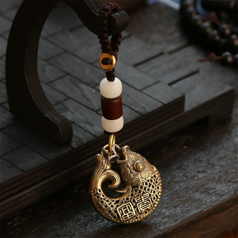Buddha Stones Brass Koi Fish Success Braided Round Charm Keychains - White Bead Rope - image 0